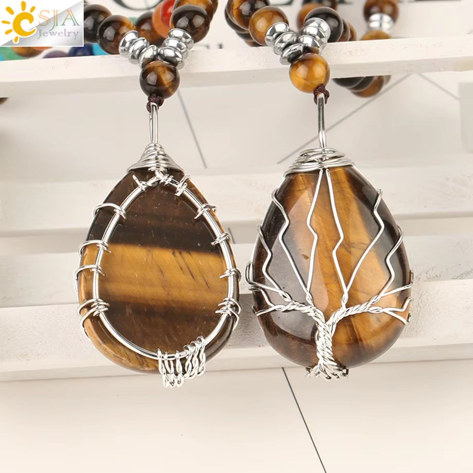 CSJA Natural Stones Beaded Tiger Eye Necklaces for Men Tree of Life Pendants Mala Yoga Beads 7 Chakra Reiki Female Jewelry S469