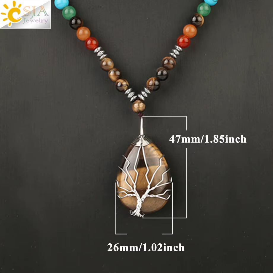 CSJA Natural Stones Beaded Tiger Eye Necklaces for Men Tree of Life Pendants Mala Yoga Beads 7 Chakra Reiki Female Jewelry S469