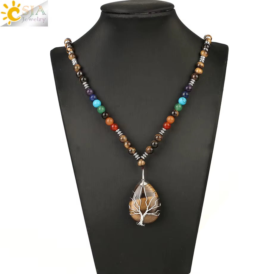 CSJA Natural Stones Beaded Tiger Eye Necklaces for Men Tree of Life Pendants Mala Yoga Beads 7 Chakra Reiki Female Jewelry S469