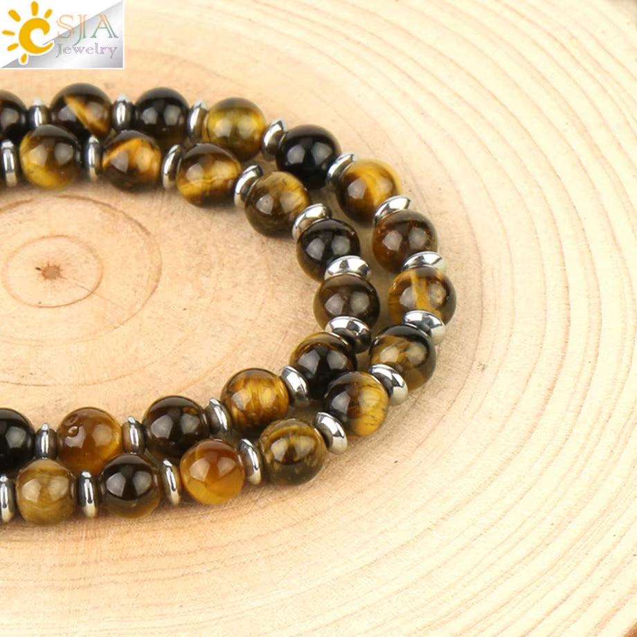 CSJA Natural Stones Beaded Tiger Eye Necklaces for Men Tree of Life Pendants Mala Yoga Beads 7 Chakra Reiki Female Jewelry S469
