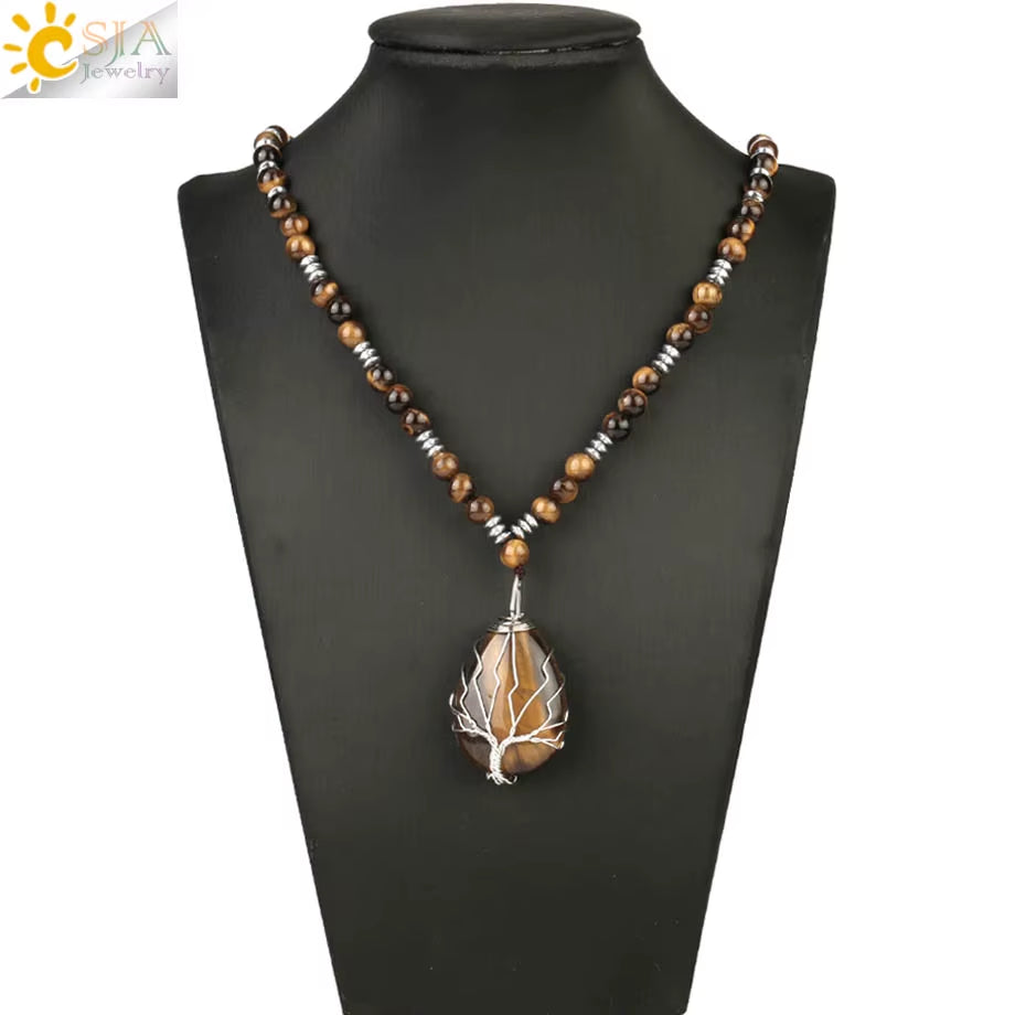 CSJA Natural Stones Beaded Tiger Eye Necklaces for Men Tree of Life Pendants Mala Yoga Beads 7 Chakra Reiki Female Jewelry S469